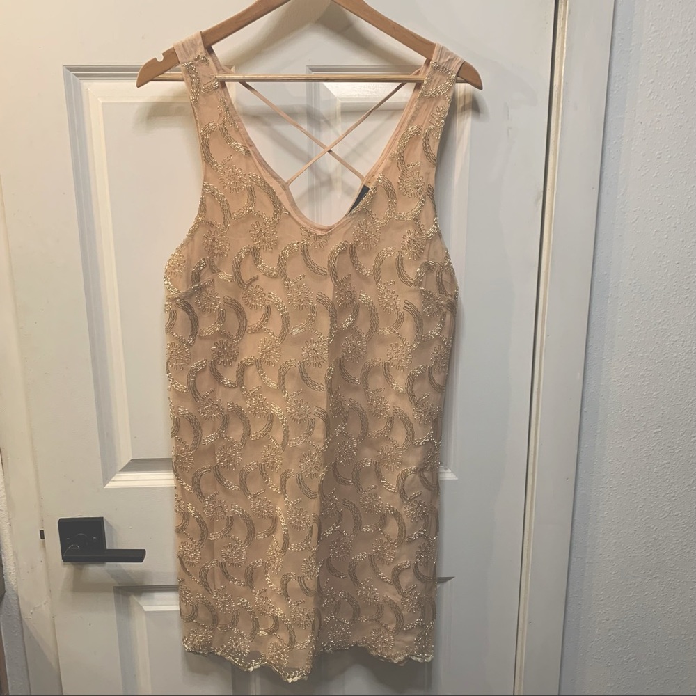 Astr Blush Mini Silk Shift Dress with Gold Beading